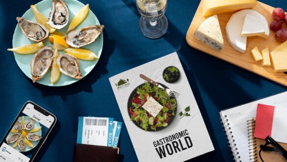 Страви з морепродуктів, гастрономічна книга "Gastronomic World", різноманітні сири, келих з напоєм та записник на столі.
