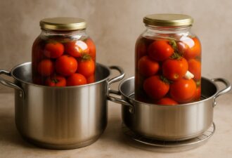 Дві великі скляні банки з маринованими помідорами стоять у каструлях з нержавіючої сталі, готові до стерилізації.