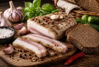 Класично засолене сало зі спеціями, скибками житнього хліба та часником на дерев’яній дошці — атмосферний гастрономічний натюрморт у теплому світлі.