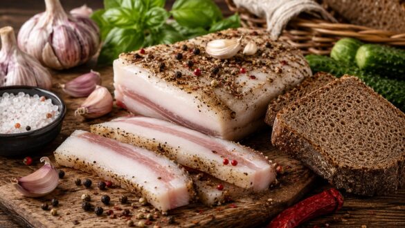 Класично засолене сало зі спеціями, скибками житнього хліба та часником на дерев’яній дошці — атмосферний гастрономічний натюрморт у теплому світлі.