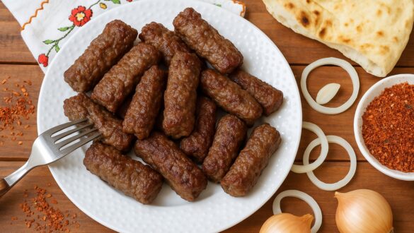 Тарілка з домашніми балканськими ковбасками чевапчичі, розкладеними на білому посуді. Поряд — шматочки лаваша, кільця сирої цибулі, приправа з червоного перцю в мисочці, дві цибулини та вишитий рушник. Усе подано на дерев’яному столі.