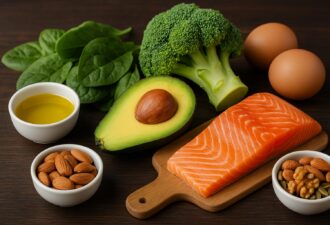 Корисні продукти: філе лосося, авокадо, броколі, шпинат, яйця, мигдаль, волоські горіхи, гарбузове насіння та оливкова олія на дерев’яному столі.