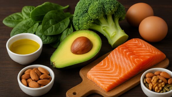 Корисні продукти: філе лосося, авокадо, броколі, шпинат, яйця, мигдаль, волоські горіхи, гарбузове насіння та оливкова олія на дерев’яному столі.