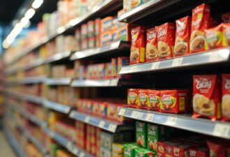 Фотореалістичне зображення продуктової полиці у супермаркеті, заповненої упакованими продуктами. Упаковки нейтральні, без видимих логотипів або написів. Колірна гамма – нейтральна, із легким акцентом на "небезпечні" продукти. Фон – розмитий, щоб зосередити увагу на деталях упаковки.