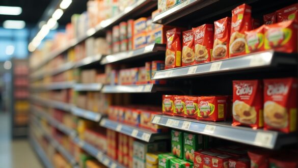 Фотореалістичне зображення продуктової полиці у супермаркеті, заповненої упакованими продуктами. Упаковки нейтральні, без видимих логотипів або написів. Колірна гамма – нейтральна, із легким акцентом на "небезпечні" продукти. Фон – розмитий, щоб зосередити увагу на деталях упаковки.