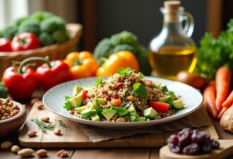 Натюрморт із пісними продуктами на дерев’яному столі: свіжі овочі (помідори, перець, броколі, морква), горіхи (мигдаль, волоські, кеш’ю), бобові (чечевиця, нут, квасоля), сухофрукти (курага, фініки, родзинки), хліб із цільнозернового борошна та пляшка оливкової олії. У центрі композиції – тарілка з пісною стравою, наприклад, салат із кіноа, авокадо та овочами. Фон теплий, з м’яким природним освітленням, що створює атмосферу затишку та здорового харчування.