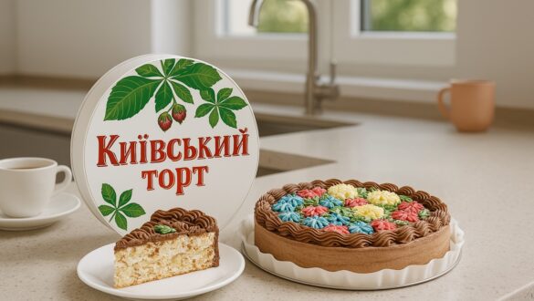 Київський торт у традиційній упаковці з каштановим листям і написом, поруч цілий торт із кольоровим вершковим декором і шматок на тарілці; на фоні — сучасна кухня з чашкою кави.