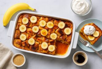 Запіканка з хліба з бананами у прямокутній білій формі для випікання. Зверху прикрашена кружечками бананів. Поруч – порція на тарілці зі збитими вершками, цілий банан, мисочка з коричневим цукром, чашка кави та миска зі збитими вершками.
