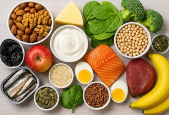 Різноманітні продукти, багаті на білки та поживні речовини: горіхи, риба, яйця, м'ясо, шпинат, броколі, йогурт, яблуко, банани, сир, насіння, соя, курага та гречка, розкладені на світлому фоні.