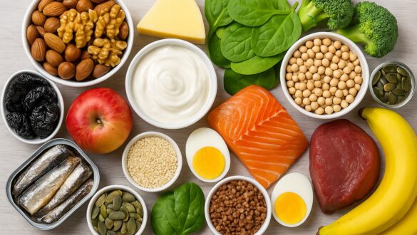 Різноманітні продукти, багаті на білки та поживні речовини: горіхи, риба, яйця, м'ясо, шпинат, броколі, йогурт, яблуко, банани, сир, насіння, соя, курага та гречка, розкладені на світлому фоні.