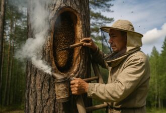 Бортник у захисному костюмі збирає мед із дикого вулика в дуплі дерева, використовуючи димар для заспокоєння бджіл.