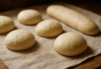 Кульки та батон з дріжджового тіста на рушнику під час вистоювання перед випіканням.