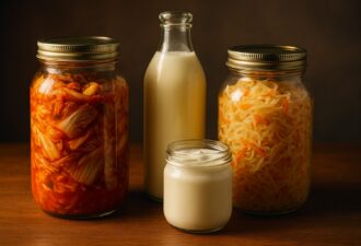 Ферментовані продукти на столі: кімчі в банці, квашена капуста, скляна пляшка кефіру та баночка кисломолочного продукту на дерев’яній поверхні в м’якому світлі.