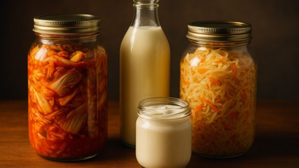 Ферментовані продукти на столі: кімчі в банці, квашена капуста, скляна пляшка кефіру та баночка кисломолочного продукту на дерев’яній поверхні в м’якому світлі.