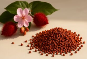 Насіння аннато, рожеві квіти й червоні коробочки бікси орельяни на світлому фоні з м’яким природним освітленням.