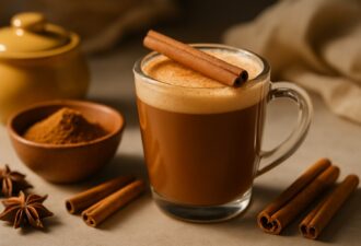 Склянка гарячого напою з паличкою кориці на світлому кам’яному столі при м’якому освітленні.