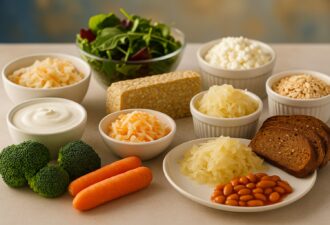 Асорті ферментованих і клітковинних продуктів — квашена капуста, морква, броколі, кефір, зерна, йогурт, салат, темпе, боби та цільнозерновий хліб на світлій поверхні з м’яким студійним освітленням.
