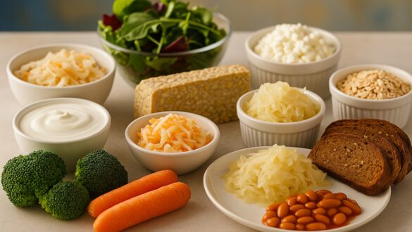 Асорті ферментованих і клітковинних продуктів — квашена капуста, морква, броколі, кефір, зерна, йогурт, салат, темпе, боби та цільнозерновий хліб на світлій поверхні з м’яким студійним освітленням.