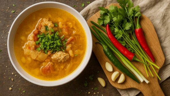 Чахохбілі з куркою у глибокій білій тарілці, поруч на дерев’яній дошці — пучки кінзи, стебла зеленої цибулі, червоний та зелений перець чилі й зубчики часнику, усе на потертій поверхні з серветкою зі складками, зняте згори під прямим кутом.