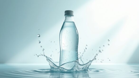 Фото пляшки води, що стоїть у центрі бризків на водній поверхні. Мінімалістичний світлий фон та м’яке освітлення створюють враження свіжості й чистоти.