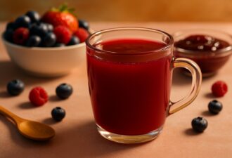 Домашній ягідний кисіль у прозорій склянці на світлій поверхні з розсипаними ягодами поруч