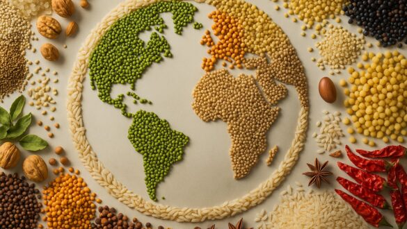 Світова мапа, викладена з різноманітних продуктів — зерна, бобових, спецій та горіхів — на світлому фоні, з насиченими натуральними кольорами.