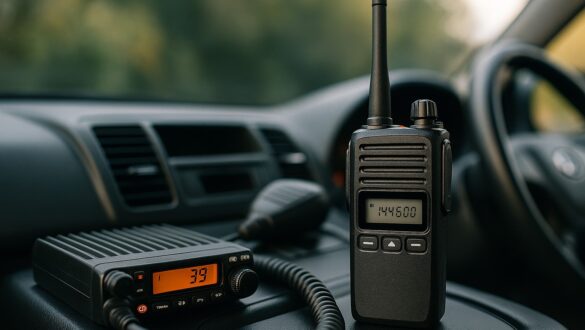 ві рації всередині автомобіля: справа портативна рація з довгою антеною та цифровим дисплеєм, на якому показано частоту 144.500 МГц, зліва автомобільна СВ-рація з оранжевим екраном, мікрофоном і шнуром, усе розташоване на центральній консолі авто.