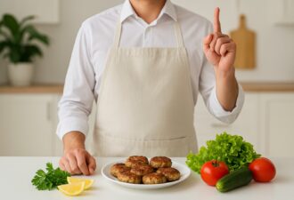 Кухар у світлому фартусі стоїть за столом із тарілкою котлет, свіжими овочами та зеленню, обличчя не видно, одна рука піднята вгору, інша спирається на стіл.