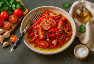Літній салат із помідорів і маринованого болгарського перцю на керамічній тарілці, поруч — часник, зелень, помідори, олія та сіль, усе на зістареній поверхні з м’яким боковим освітленням.