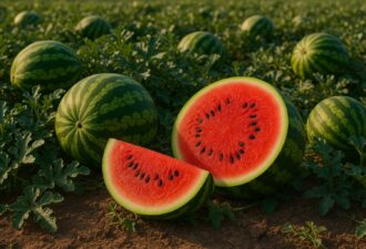 Херсонське поле з кавунами: на передньому плані — один плід розрізаний навпіл, видно яскраво-червону м’якоть із чорним насінням, довкола — цілі кавуни серед зеленого листя під теплим сонячним світлом.