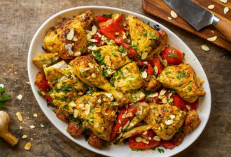 Шматочки запеченої курки з червоним перцем, скибочками мигдалю та зеленню на великій тарілці, розташовані на дерев’яній зістареній поверхні з ножем, часником та розсипаними інгредієнтами поруч