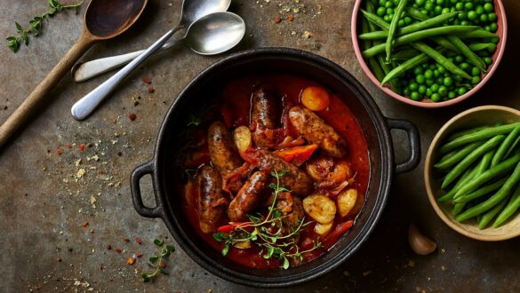 Домашній хот-пот із ковбасками, перцем та картоплею в чавунному казані на потертій дерев’яній поверхні, поруч зелена квасоля й горох, розсипані крихти та приправи.