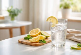 Склянка крижаної води з часточкою лимона на світлому кухонному столі, поруч на дерев’яній дощечці — скибки лимона й лайма та листя м’яти; м’яке денне світло, горизонтальне фото.