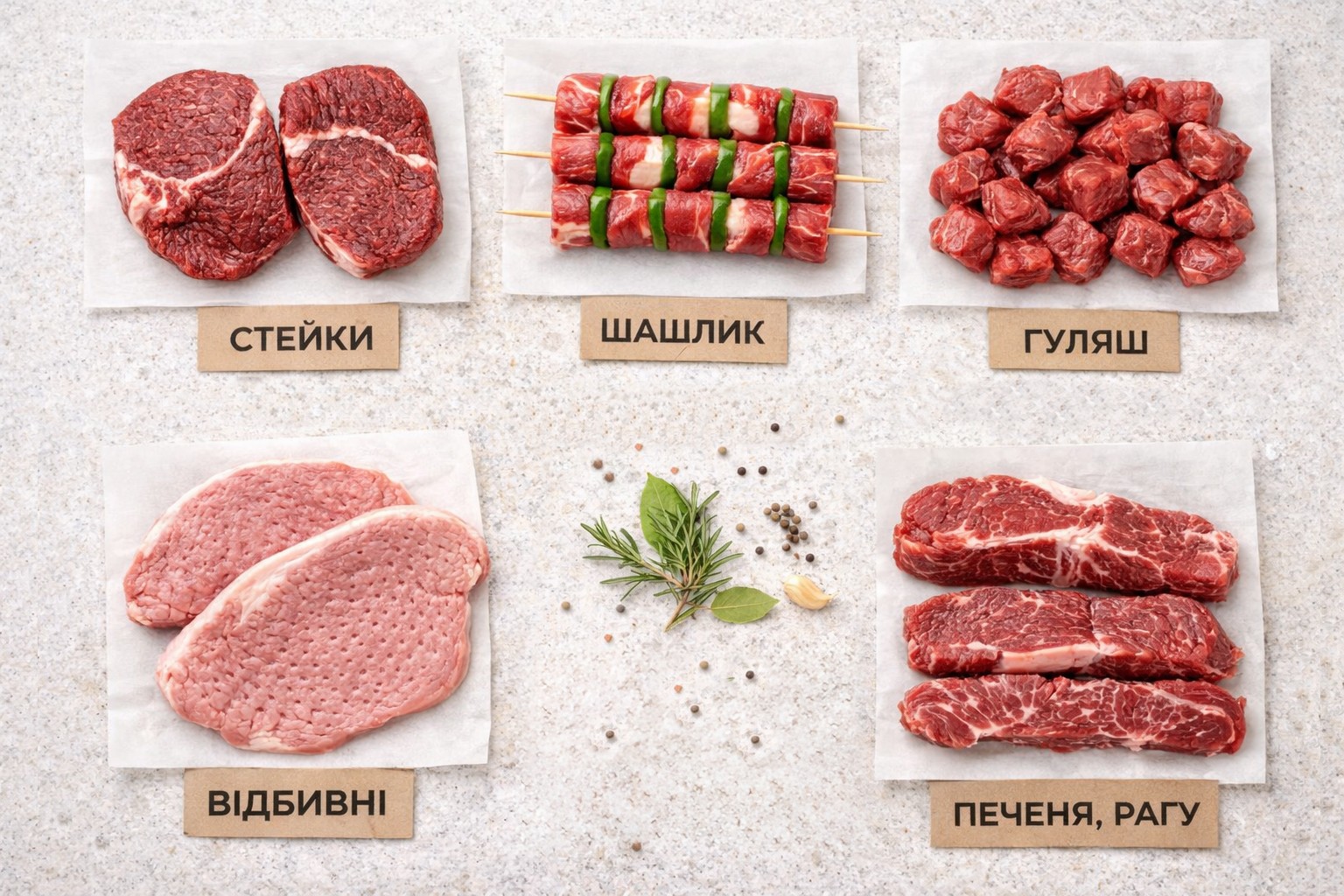 Горизонтальна інфографіка: п’ять груп сирого м’яса на пергаменті — Стейки, Шашлик, Гуляш, Відбивні, Печеня/Рагу — на світлому столі; по центру зелень і спеції, крафтові бирки українською.