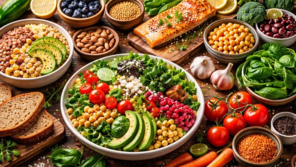 Яскрава композиція зі свіжими овочами, цільнозерновими продуктами, бобовими та оливковою олією на світлій кухонній поверхні, знята зверху в природному денному світлі.