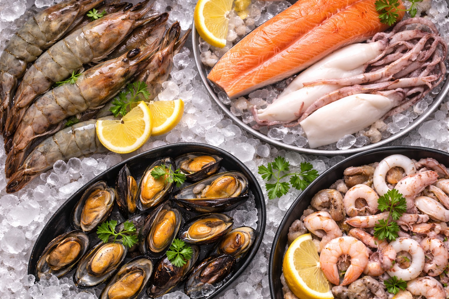 Свіжі морепродукти крупним планом на подушці з льоду — креветки, мідії, кальмари та філе лосося, зняті зверху. 