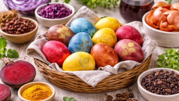 Великодні яйця, пофарбовані натуральними барвниками (буряк, куркума, капуста, кава), у кошику на дерев’яному столі з інгредієнтами для фарбування навколо