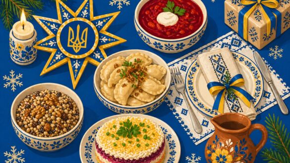 Мінімалістична ілюстрація новорічного столу в українському стилі: насичений синій фон без дрібних елементів, кілька великих об’єктів — тарілка з варениками, миска куті, борщ, святкова зірка з тризубом, свічка, гілка ялини та подарунок. Простий, чистий flat-стиль із акцентом на великі форми й традиційні орнаменти без перевантаження деталями.