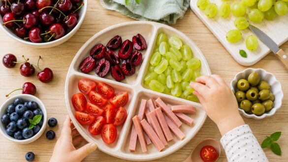 Вид зверху на дитячу тарілку з безпечно підготовленими продуктами для перекусу. Черешня без кісточок розрізана вздовж, виноград нарізаний поздовжніми частинами, помідори чері поділені на четвертинки, а сосиски нарізані довгими смужками. Поруч розташовані миски з ягодами та овочами, а дитина тягнеться до тарілки. Фото ілюструє правила безпечної подачі їжі для маленьких дітей та профілактику задухи під час прийому їжі.