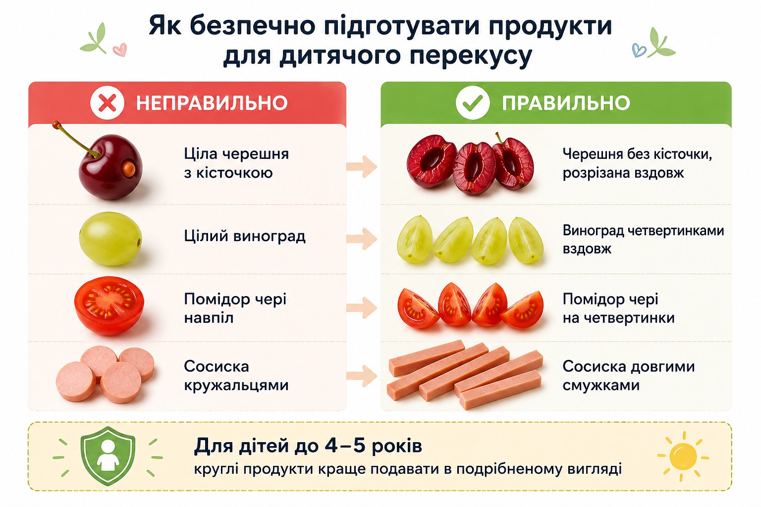 Інфографіка про безпечну підготовку продуктів для дитячого перекусу. Ліворуч показані небажані способи подачі черешні, винограду, помідорів чері та сосисок, праворуч — рекомендовані варіанти нарізки для дітей дошкільного віку. Схема демонструє, як правильно подрібнювати круглі продукти, щоб знизити ризик задухи під час їжі, та містить нагадування про безпечне харчування дітей до 4–5 років.