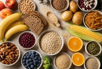 Добірка продуктів, багатих на вуглеводи, розкладених на світлій поверхні. У кадрі видно вівсяні пластівці, цільнозерновий хліб, рис, квасолю, сочевицю, кукурудзу, банани, ягоди, горіхи, насіння та овочі. Фотографія зверху ілюструє різноманітні джерела складних вуглеводів і клітковини для збалансованого харчування.