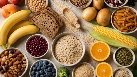 Добірка продуктів, багатих на вуглеводи, розкладених на світлій поверхні. У кадрі видно вівсяні пластівці, цільнозерновий хліб, рис, квасолю, сочевицю, кукурудзу, банани, ягоди, горіхи, насіння та овочі. Фотографія зверху ілюструє різноманітні джерела складних вуглеводів і клітковини для збалансованого харчування.