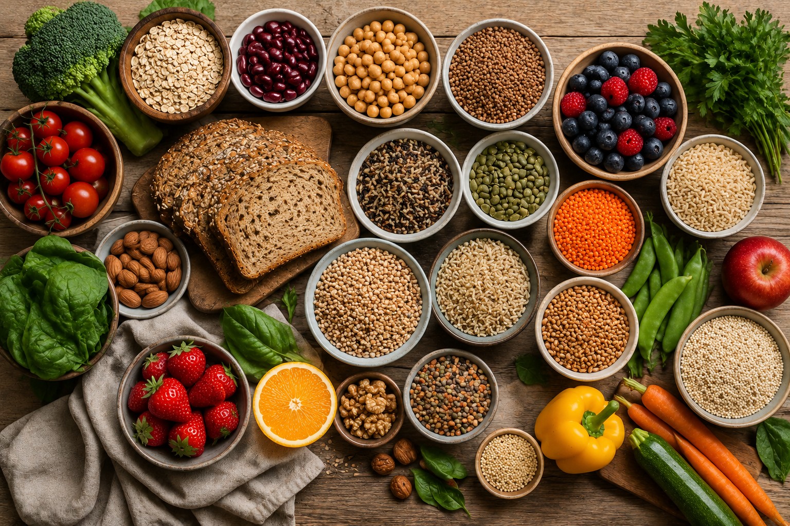 Горизонтальна фотографія зверху з добіркою продуктів, багатих на складні вуглеводи та клітковину. На дерев’яному столі розміщені цільнозерновий хліб, вівсяні пластівці, гречка, бурий рис, сочевиця, квасоля, нут, кіноа, горіхи, ягоди, фрукти та свіжі овочі. Фото демонструє різноманітні джерела корисних вуглеводів для збалансованого раціону.