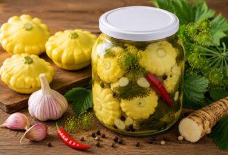 Малосольні патисони з часником, кропом, хроном і прянощами в скляній банці на дерев’яному столі.