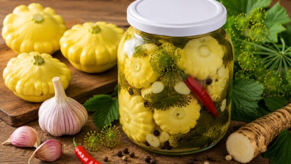 Малосольні патисони з часником, кропом, хроном і прянощами в скляній банці на дерев’яному столі.