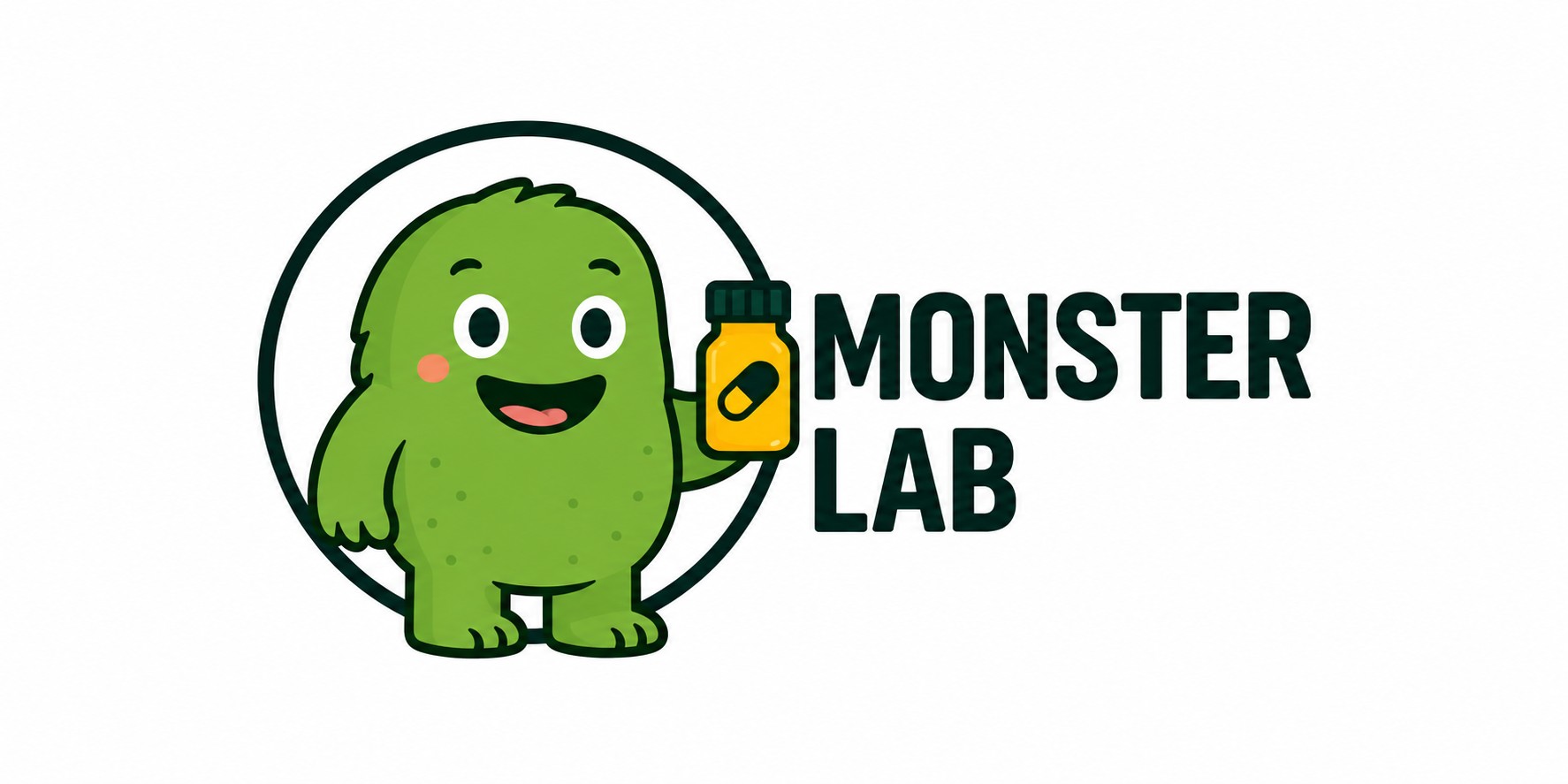 Логотип Monster Lab із зеленим персонажем, який тримає жовту баночку, на білому фоні.